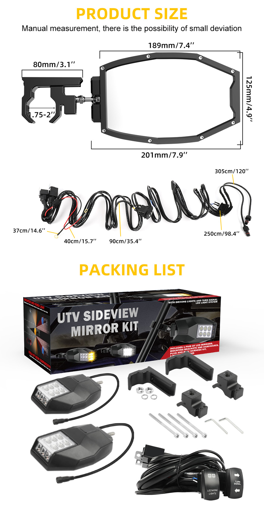 utv rear view mirror with lights package