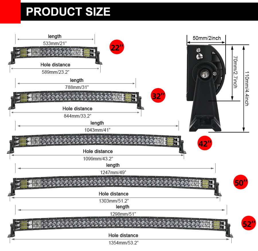 2020 New High Curved Cost-Effective Wide Exposure Range Led Light Bar JG-9627-C size