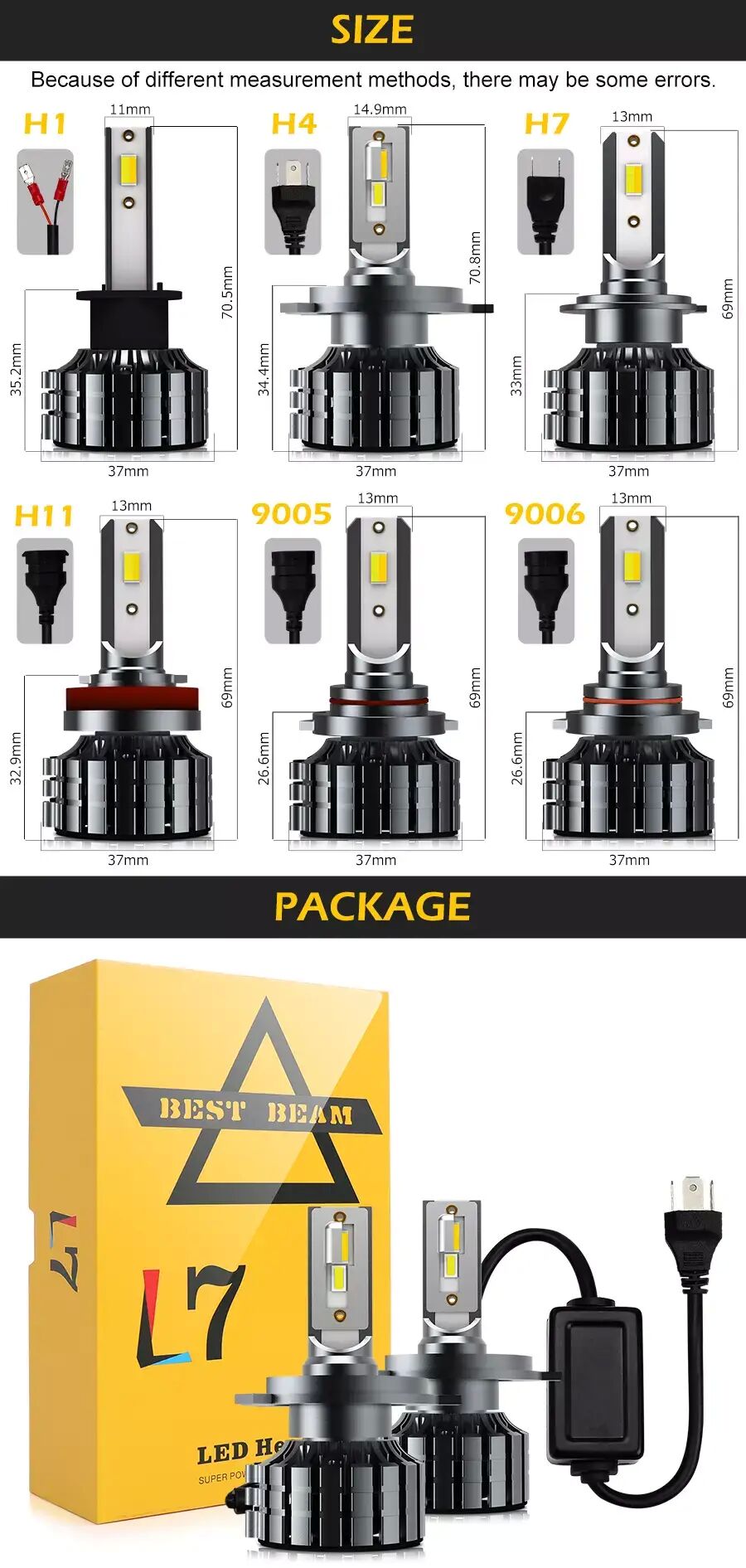 8000 LM Triple Colors Led Headlight Bulb Supplier JG-L7 size