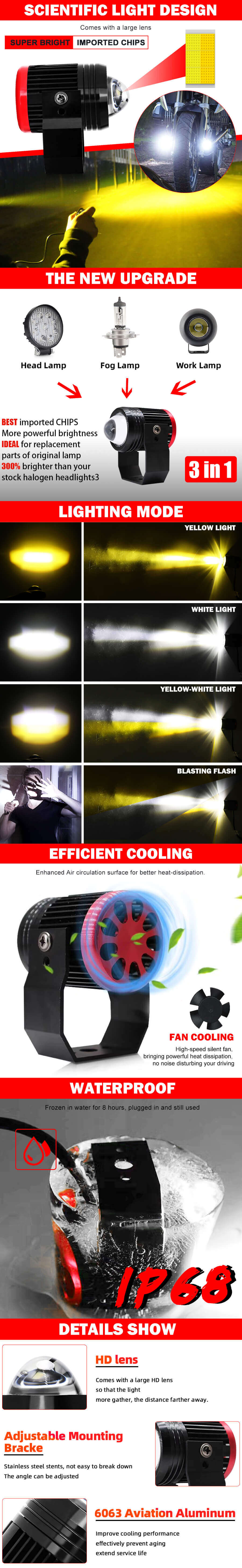 External Flashing Dual Colors Integration Led Auxiliary Light for Motorcycle JG-993A ADVANTAGES