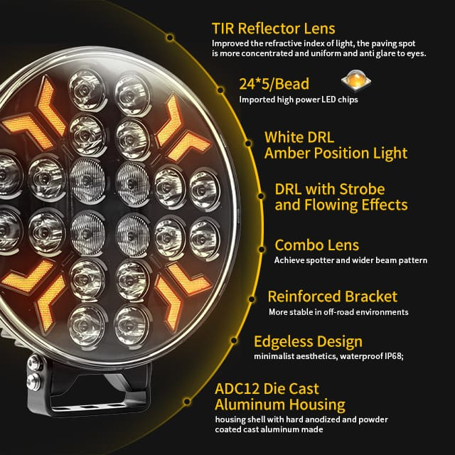9-Inch 260W Truck Spotlight with White Amber Strobe Position Light
