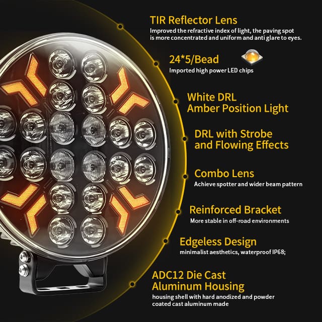 9-Inch 260W Truck Spotlight with White Amber Strobe Position Light