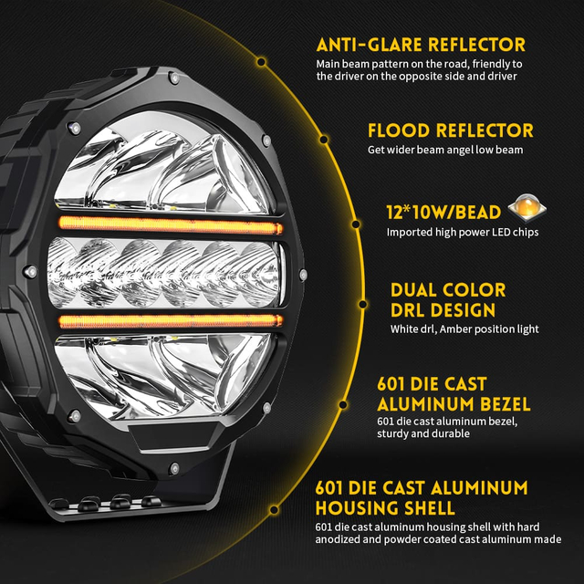 9 inch Round Driving Lights with Amber White Position Light JG-D090-C