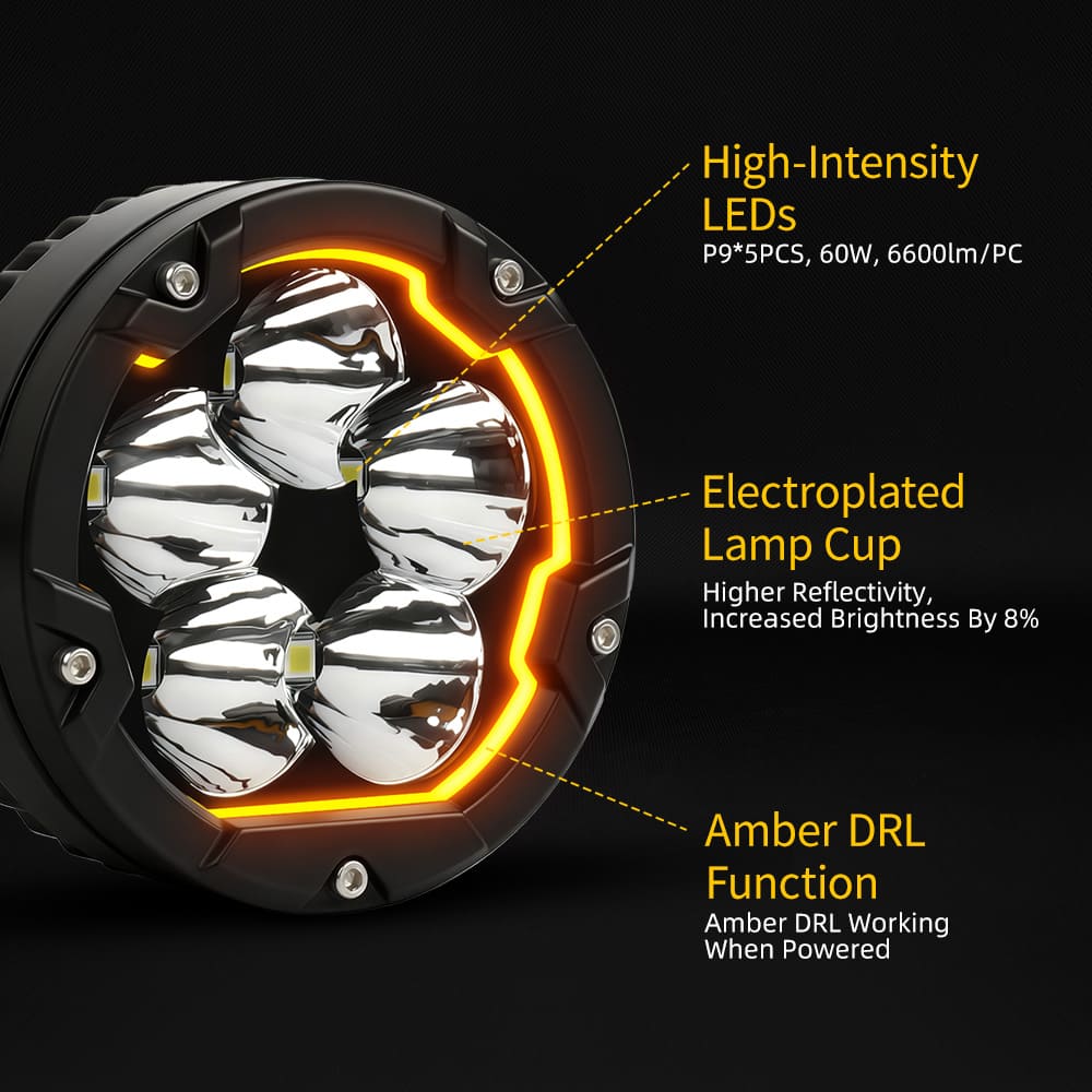 60W Round Motorbike LED Spotlights with Amber DRL-MC-5